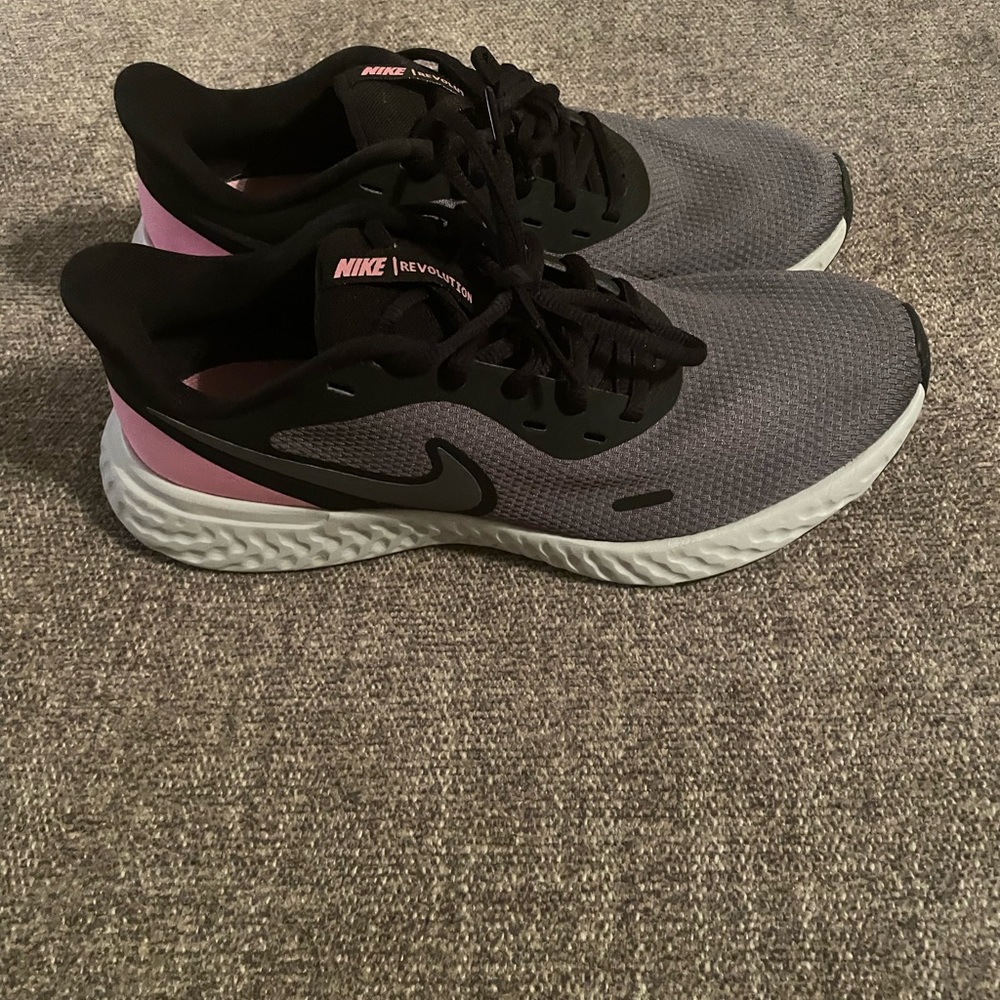 Women’s Nike Revolution black grey and light pink running shoes size 9
